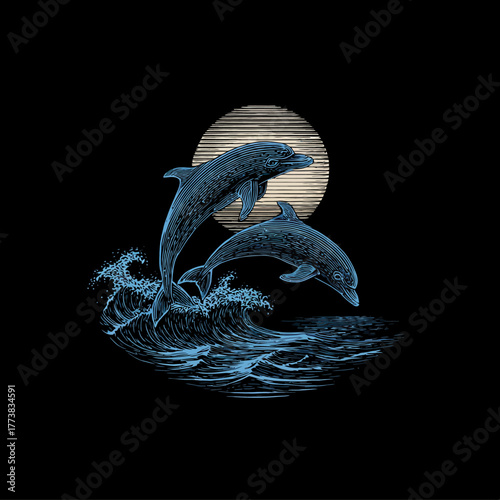 Two majestic dolphins leaping from ocean waves under a full moon, a detailed marine nocturnal illustration design.