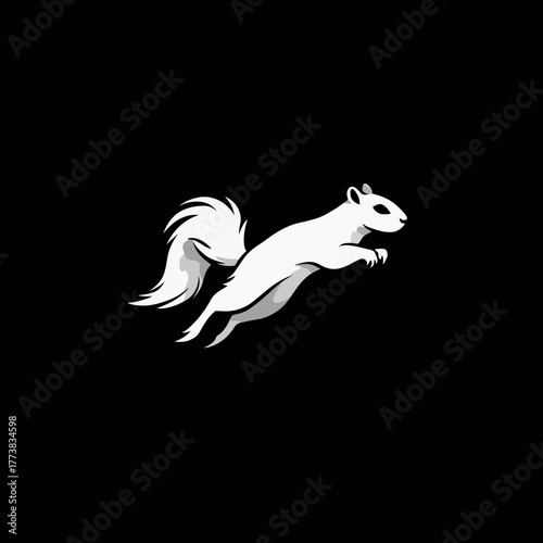 Minimalist white squirrel jumping illustration on black background. Stylized graphic animal design, abstract wildlife art.