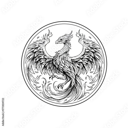 Majestic Phoenix mythical bird rising from flames, detailed black and white illustration, fantasy art, circular design, symbol of rebirth and strength