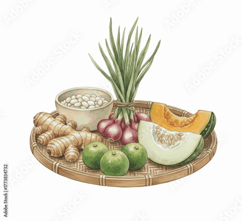 A Basket of Spices spices Thai Ingredients Fresh Produce isolated watercolor vector illustration svg