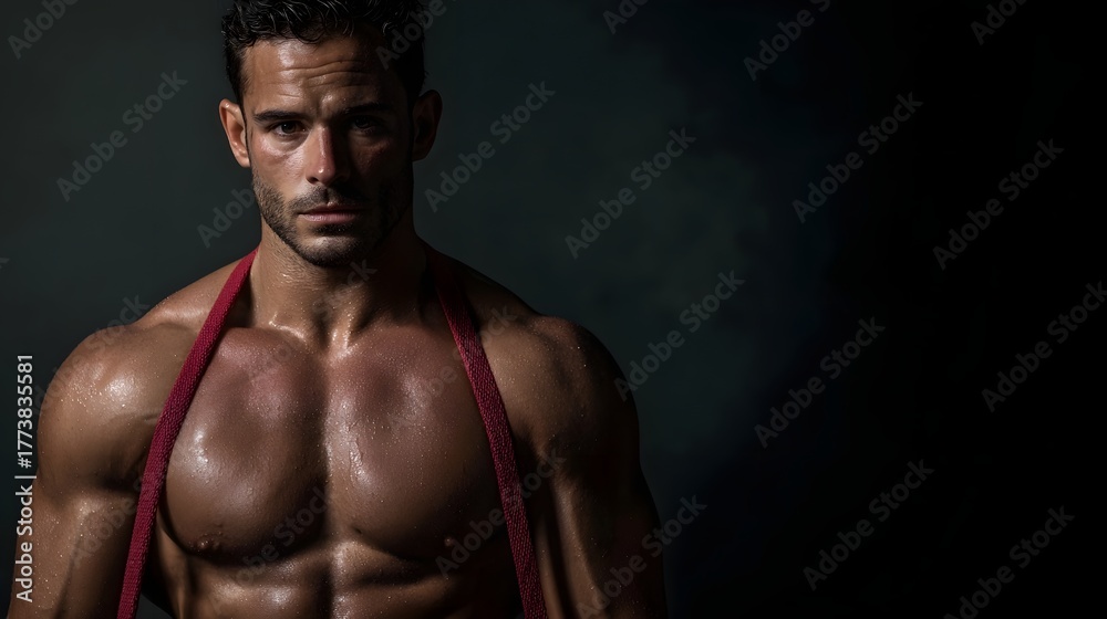 Fototapeta premium A fit muscular man with sweat on his body looking intently with red straps around his shoulders against a dark smoky background