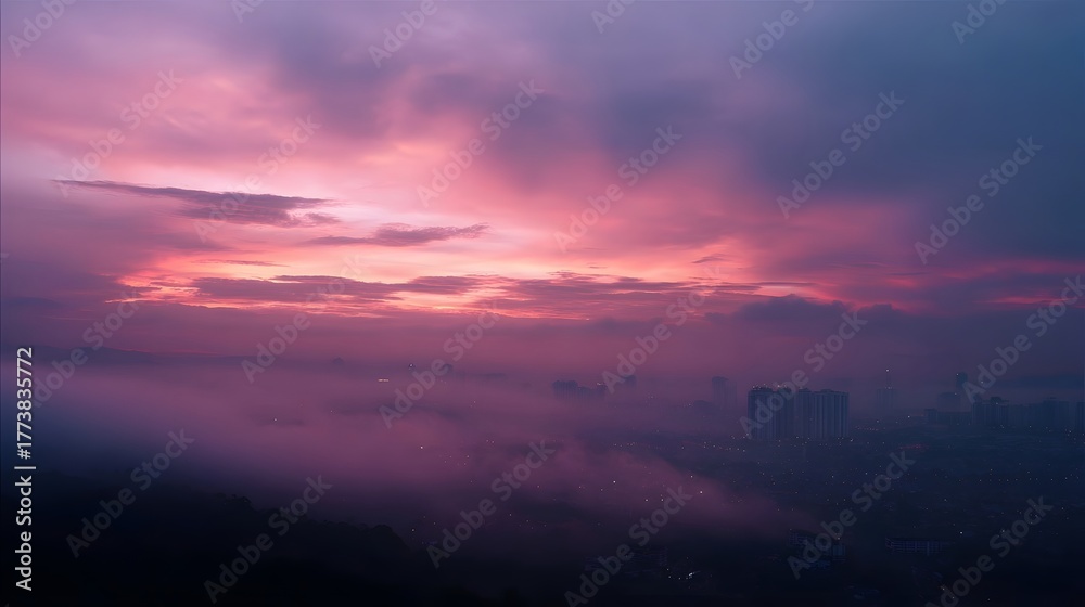 Fototapeta premium A dramatic sunrise casts vibrant pink and purple hues over a foggy city skyline at dawn