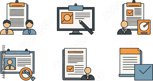 School Project Presentation Icon Set – Poster Board, Projector, Flowchart, Bar Graph, Laser Pointer, Geometric, Minimal Vector Design