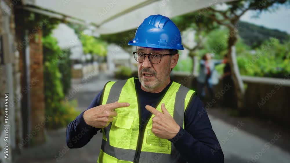 Man wearing blue hardhat and yellow vest points to himself in an urban park with greenery and blurred background, suggesting construction or safety themes outdoors.