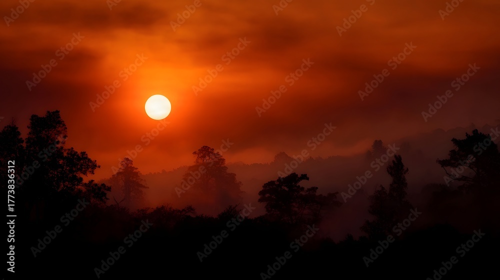 Obraz premium Dramatic hazy sunset with intense orange and red hues illuminating the sky above silhouetted trees and rolling hills
