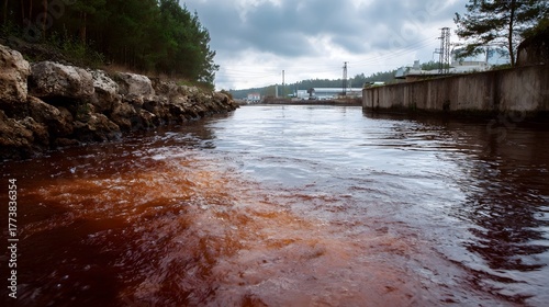 Wallpaper Mural Polluted brown water flows from a wooded area towards an industrial landscape under a cloudy sky Torontodigital.ca