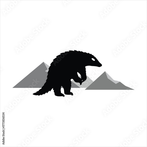 Powerful black silhouette icon of a stylized spiny mammal, like a wolverine or badger, standing upright in front of triangular mountain peaks, logo design concept on white.