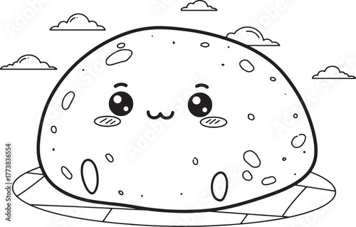 Adorable mochi character illustration on a plate with cloud outl