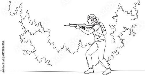 Single continuous line drawing of woman aiming a firearm in wild