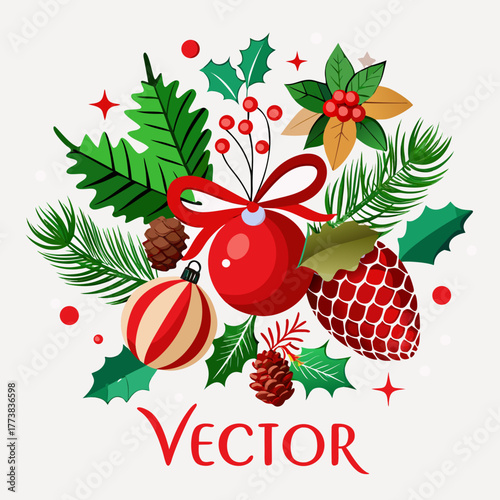 Christmas decoration with baubles pine cones holly berries and ribbon