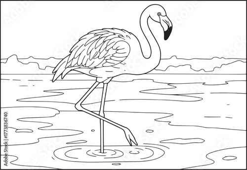 Elegant flamingo outline wading gently in serene waterscapes col