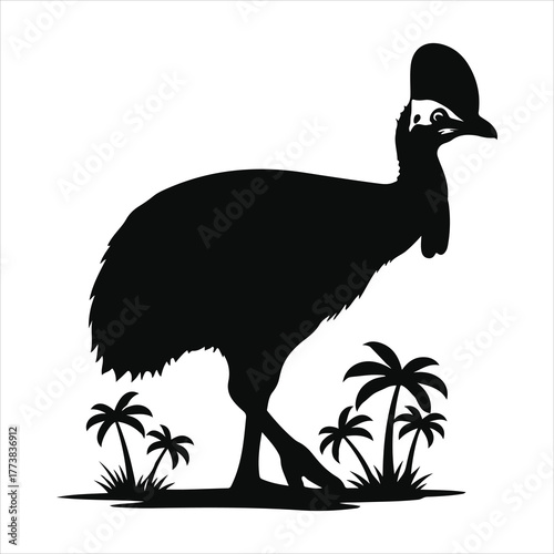 A stylized illustration of a cassowary bird silhouette standing among tropical palm trees and dense jungle foliage, isolated graphic vector art design