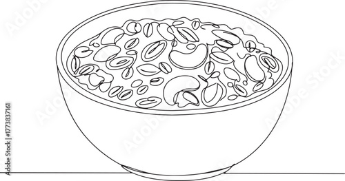 Minimalist continuous line drawing of a bowl filled with various