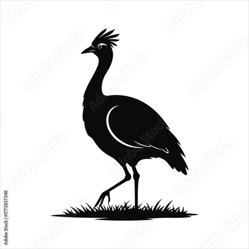 Minimalist vector silhouette of a majestic crested wading bird walking on a patch of grass, ideal for logo design, nature icons, wildlife branding, and black and white graphic elements
