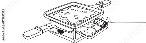 Minimalist line art illustration of raclette grill with melting