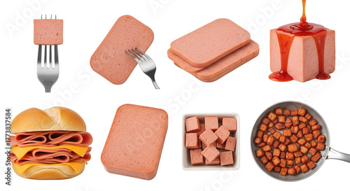 Processed meat slices cubes and sandwich isolated on a transparent background