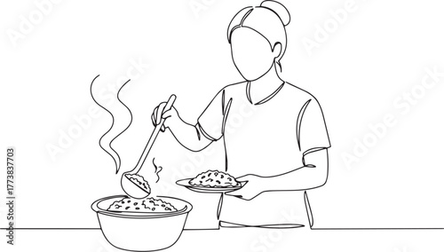 Continuous line illustration: Woman serving a portion of hot del