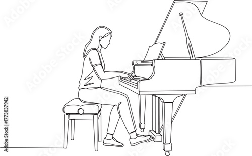Elegant single line drawing of a woman playing grand piano with