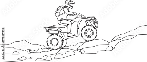 Continuous line drawing of a person riding ATV on rough rocky te