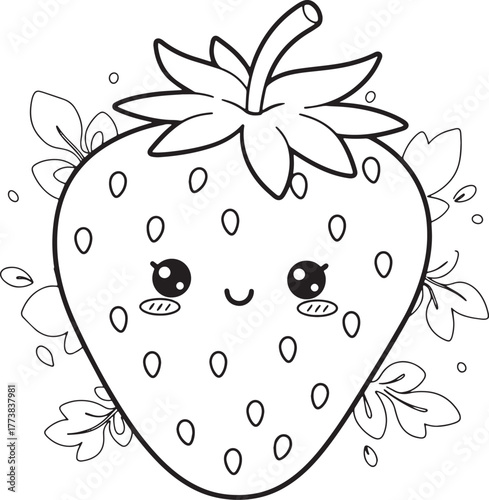Adorable Strawberry Cartoon Character with Floral Accents in Bla