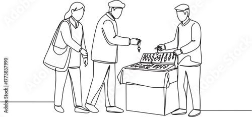 Continuous line drawing of shoppers browsing jewelry at outdoor