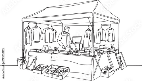 Line drawing of a vendor at an outdoor market stall selling vari