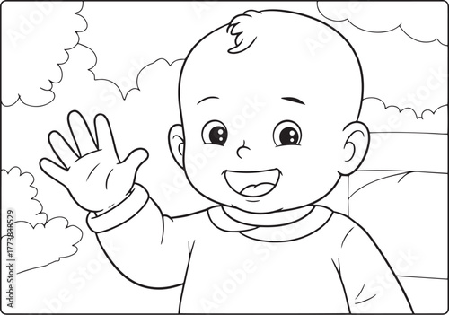 Charming illustration of a smiling baby cheerfully waving hello