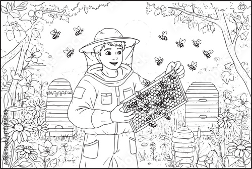 An Engaging Coloring Page of a Beekeeper and Bees in a Blooming