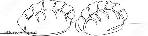 Delicate continuous line art of two gyoza dumplings, minimalist