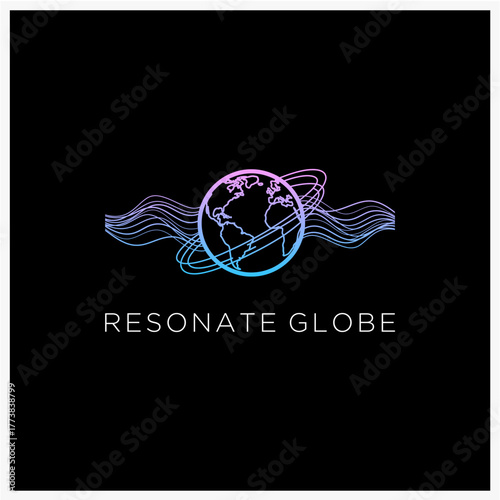 Stylized planet Earth logo with orbital wave patterns. Vector illustration representing global technology, sound, and digital connectivity