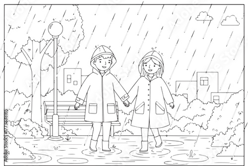 Cheerful couple in matching raincoats walking hand-in-hand durin