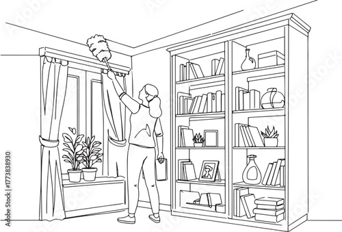Line art illustration of a woman cleaning interior with duster a