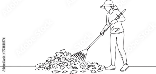 Line art illustration featuring a woman raking leaves in autumn