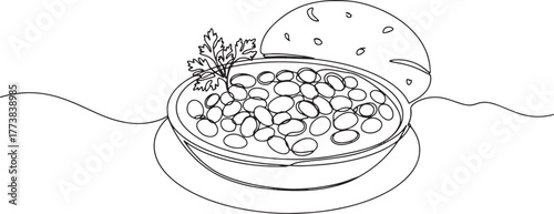 Single line drawing depicting an Egyptian ful medames dish with