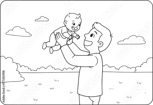 Joyful parenthood outline depiction of father tossing happy baby