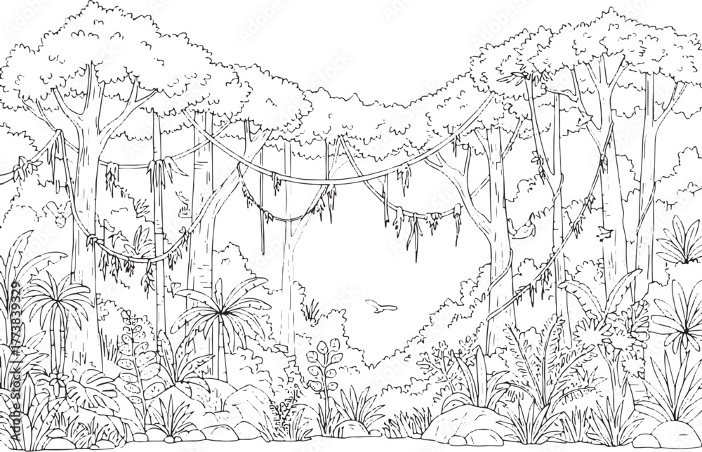 Obraz premium Intricate Rainforest Canopy Line Art Illustration with Hanging V