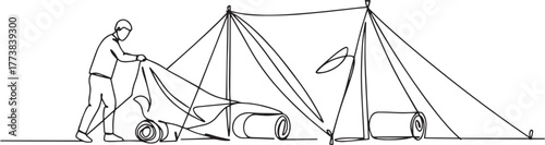 Minimalist line art depicting a man constructing a camping tent