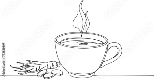 Elegant single line drawing of ginseng tea cup with root and sli