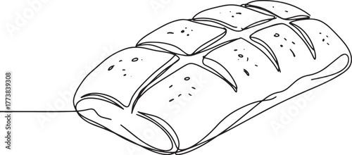 Ciabatta bread loaf continuous line drawing on white background