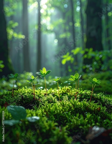Sunlit Forest Floor Displaying Moss and Young Sprouts with a Soft Focus Background