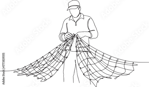 Single line drawing showcasing a fisherman mending his fishing n