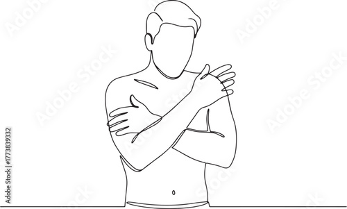 Continuous line drawing of a man hugging himself isolated on whi