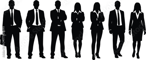 Business people silhouettes, corporate professionals standing in formal suits, business team illustration, office staff concept, leadership and teamwork vector design, management concept