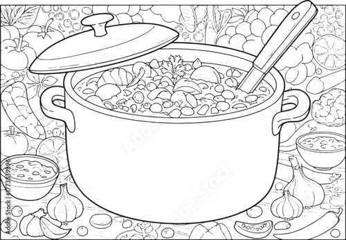 Stylized illustration of a hearty vegetable soup in a pot for co