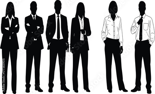 Business team silhouette illustration, corporate professionals standing in line, leadership concept, diversity in workplace, modern office attire, vector art