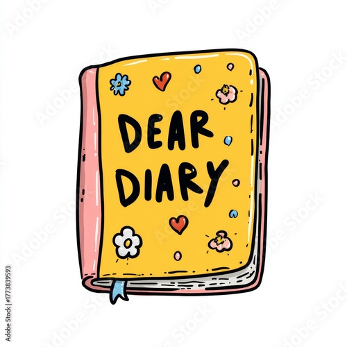 A charming illustration of a diary, adorned with flowers and hearts, with the words Dear Diary on its cover