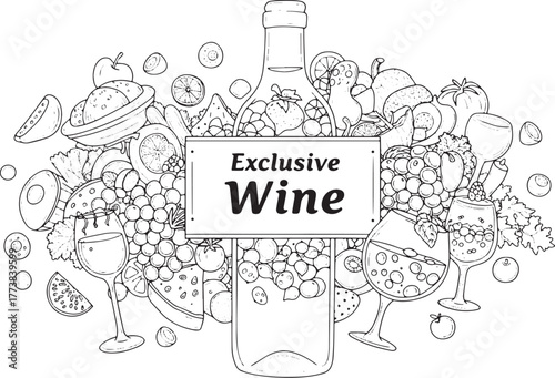 Elegant wine label design with fruit and vegetable illustration