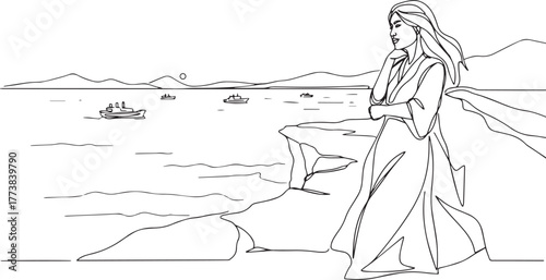 Serene contemplation: Woman in elegant robe observes seaside vis