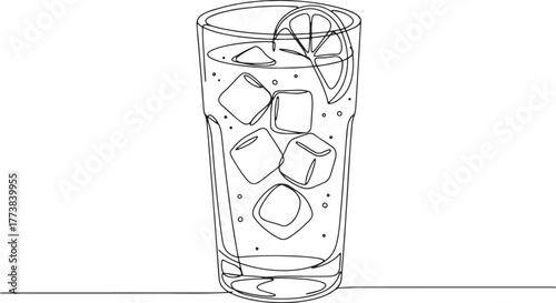 Continuous Line Drawing Refreshing Drink with Lemon Slice and Ic