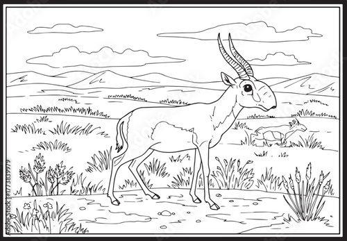 Detailed line art illustration showcasing a saiga antelope in st